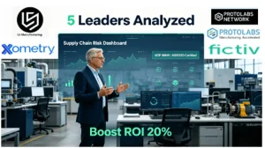 Supply chain and manufacturing leaders analyze a real-time dashboard comparing 5 top automotive stamping suppliers on quality, lead time, and cost, highlighting projected ROI and IATF 16949 certification, in a modern industrial command center.